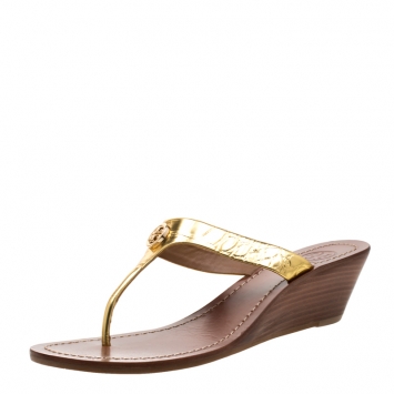 Pre Owned Tory Burch Metallic Gold Leather Cameron Wedge Thong Sandals Size 38