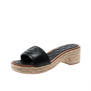 Pre Owned Tory Burch Black Leather Fleming Espadrille Slides Size 37.5