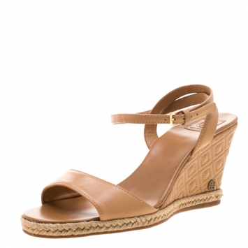 Pre Owned Tory Burch Brown Leather Marion Espadrille Trim Quilted Wedge Sandals Size 37.5