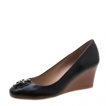 Pre Owned Tory Burch Black Leather Wedge Pumps Size 37.5