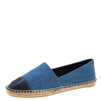 Pre Owned Tory Burch Indigo Light Wash Denim Chambray And Leather Espadrilles Size 40