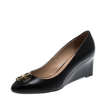 Pre Owned Tory Burch Black Leather Luna Wedge Pumps Size 38.5