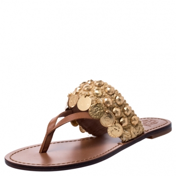 Pre Owned Tory Burch Brown Leather And Raffia Patos Coin Thong Flats Size 37
