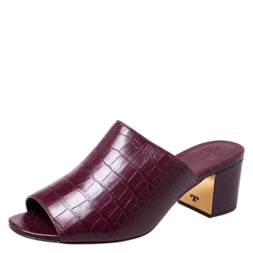 Pre Owned Tory Burch Burgundy Croc Embossed Leather Salinas Peep Toe Sandals Size 37.5