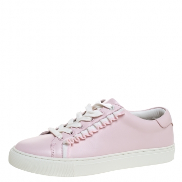 Pre Owned Tory Burch Pink Leather Ruffled Lace Up Sneakers Size 39