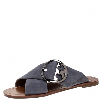 Pre Owned Tory Burch Grey Suede Leather Thames Cross Strap Flats Size Size 38