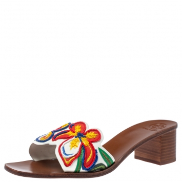 Pre Owned Tory Burch White Floral Embellished Bianca Slide Sandals Size 39.5