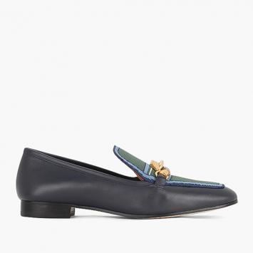 Pre Owned Tory Burch Blue Calf Leather/Fabric Jessa Knit Loafers Size EU 37.5