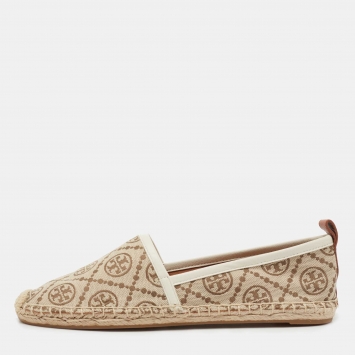 Pre Owned Tory Burch Beige/White Monogram Jacquard Espadrilles Size 37