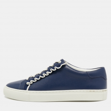 Pre Owned Tory Burch Navy Blue Leather Ruffle Embellishment Sneakers Size 39.5