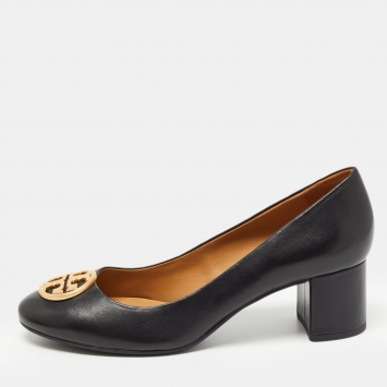 Pre Owned Tory Burch Black Leather Chelsea Block Heels Pumps Size 39