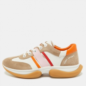 Pre Owned Tory Burch Multicolor Suede and Canvas Bubble Stripe Lace Up Sneakers Size 39