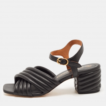 Pre Owned Tory Burch Black Quilted Leather Kira Ankle Strap Sandals Size 40.5 