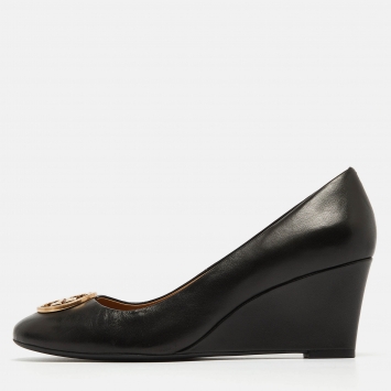 Pre Owned Tory Burch Black Leather Wedge Pumps Size 39