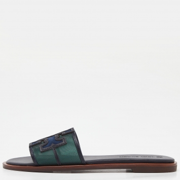 Pre Owned Tory Burch Blue/Green Mesh and Leather Ines Flat Slides Size 36.5