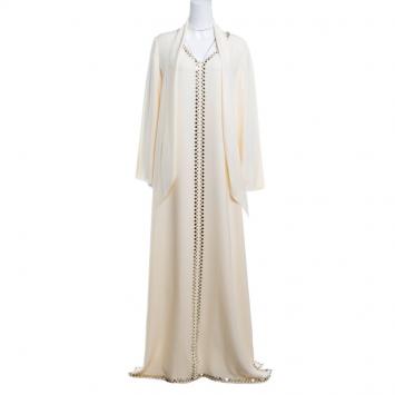 Pre Owned Tory Burch Cream Mirror Embellished Silk Abaya and Scarf Set L