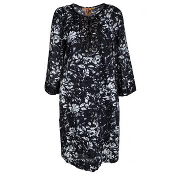 Pre Owned Tory Burch for Bergdorf Goodman Navy and White Embellished Long Sleeve Tunic M