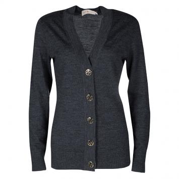 Pre Owned Tory Burch Grey Merino Wool Cardigan S