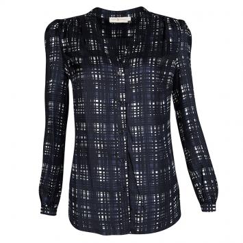 Pre Owned Tory Burch Navy Blue and White Checked Silk Long Sleeve Blouse XS