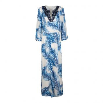 Pre Owned Tory Burch White and Blue Feather Print Sequin Embellished Silk Maxi Dress L
