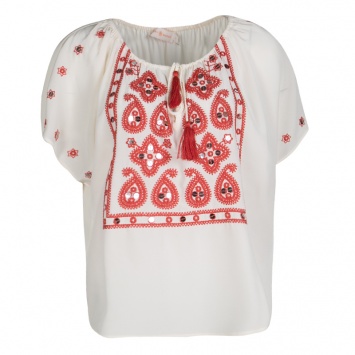 Pre Owned Tory Burch Cream Embellished Embroidered Tie Detail Silk Top M