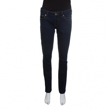 Pre Owned Tory Burch Indigo Dark Wash Denim Logo Embroidered Super Skinny Jeans M