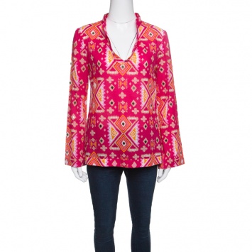 Pre Owned Tory Burch Pink Printed Cotton Embellished Long Sleeve Top S