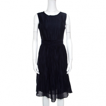 Pre Owned Tory Burch Navy Blue Linen and Silk Pleated Sleeveless Hildy Dress S