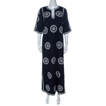 Pre Owned Tory Burch Navy Blue Cotton Mirror Embroidered Kaftan Dress S