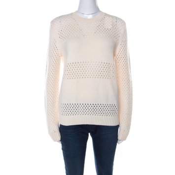 Pre Owned Tory Burch Cream Open Knit Wool Leona Sweater S 
