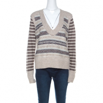 Pre Owned Tory Burch Beige Knit Striped Sleeve Sweater L 