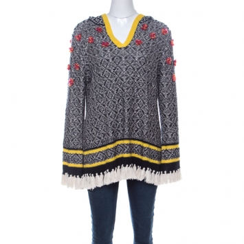 Pre Owned Tory Burch Black & White Geometric Pattern Linen Flower Detail Knit Hooded Sweater L