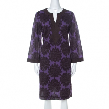 Pre Owned Tory Burch Purple and Brown Floral Print Cotton Safo Tunic XL