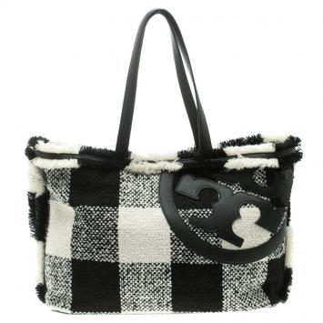 Pre Owned Tory Burch Monochrome Tweed Loonie Tote