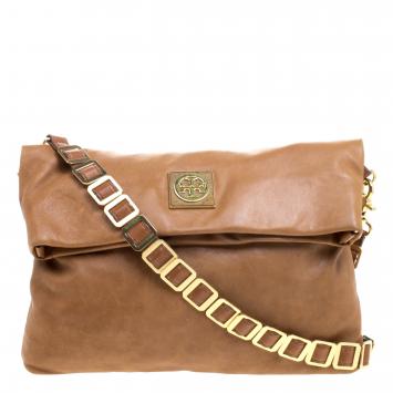 Pre Owned Tory Burch Brown Leather Foldover Crossbody Bag