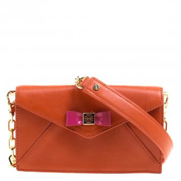 Pre Owned Tory Burch Orange Leather Bow Envelope Crossbody Bag