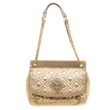 Pre Owned Tory Burch Gold Leather Marion Shoulder Bag