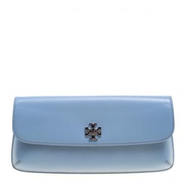 Pre Owned Tory Burch Light Blue Leather Slim Diana Flap Clutch