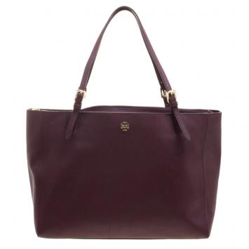 Pre Owned Tory Burch Burgundy Leather York Buckle Tote