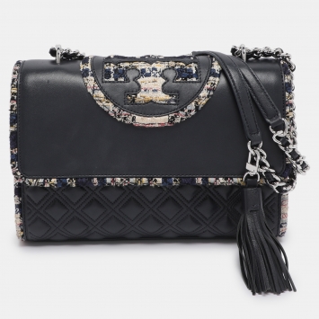 Tory Burch Navy Blue Quilted Leather and Tweed Trim Fleming Shoulder Bag