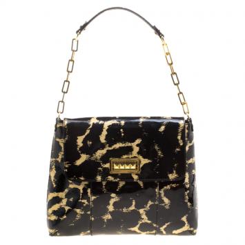 Pre Owned Tory Burch Black Printed Patent Leather Shoulder Bag
