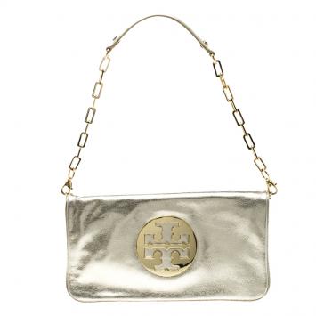 Pre Owned Tory Burch Metallic Gold Leather Reva Shoulder Bag