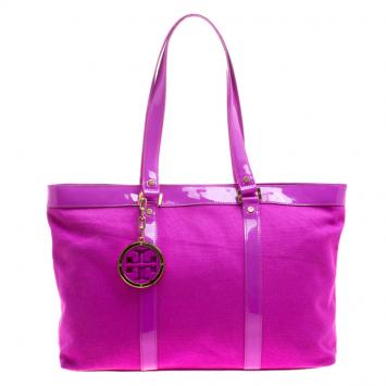Pre Owned Tory Burch Hot Pink Canvas and Patent Leather Jane Large Tote