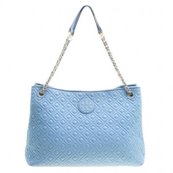 Pre Owned Tory Burch Light Blue Quilted Leather Marion Tote