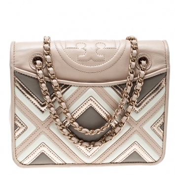 Pre Owned Tory Burch Light Oak Leather Fleming Geo Shoulder Bag