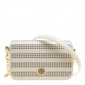 Pre Owned Tory Burch Off White Perforated Leather Mini Robinson Chain Shoulder Bag