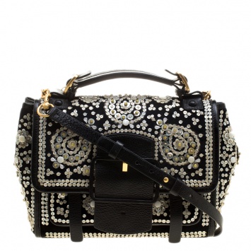 Pre Owned Tory Burch Black Velvet and Leather Embellished Sawyer Top Handle Bag