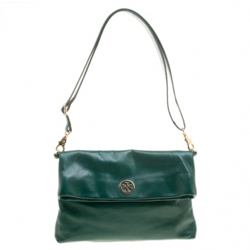 Pre Owned Tory Burch Green Leather Dena Foldover Crossbody Bag