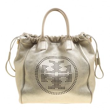 Pre Owned Tory Burch Metallic Silver Leather Perforated Logo Drawstring Tote with Pochette Accessories 