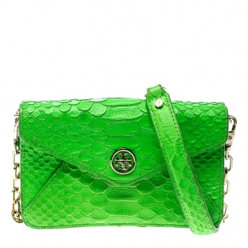 Pre Owned Tory Burch Neon Green Python Embossed Leather Miniature Crossbody Bag